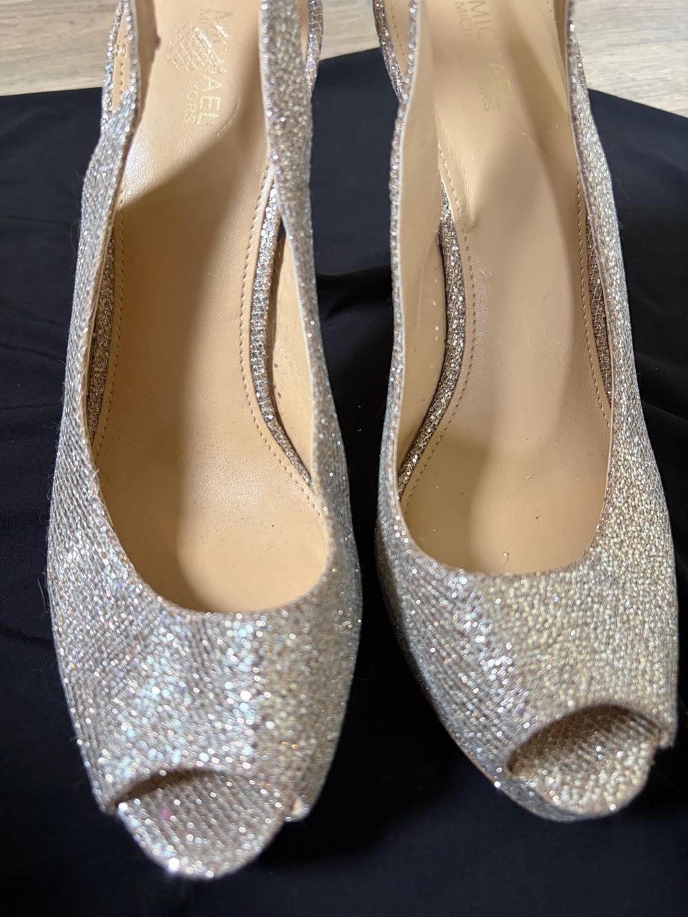 Michael Kors Silver Glitter Open-Toe Slingback Heels